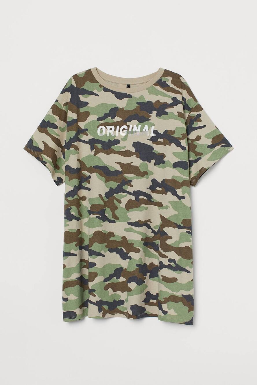 Divided H&M Green Beige Camo Camouflage Short Sleeve T-Shirt Dress Size 10
